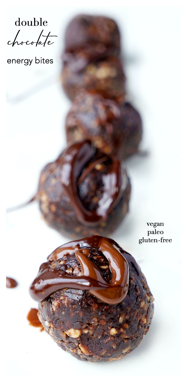 Line of Double Chocolate Energy Bites with text: Double chocolate energy bites - vegan, paleo, gluten-free