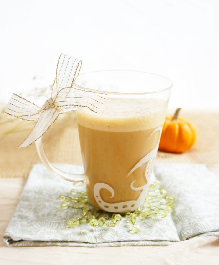 Maple Pumpkin Spice Latte in a glass tied with a ribbon