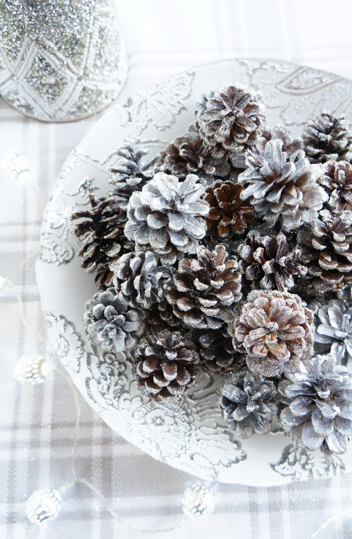Overhead shot of a decorative bowl filled with Sparkly Pinecones