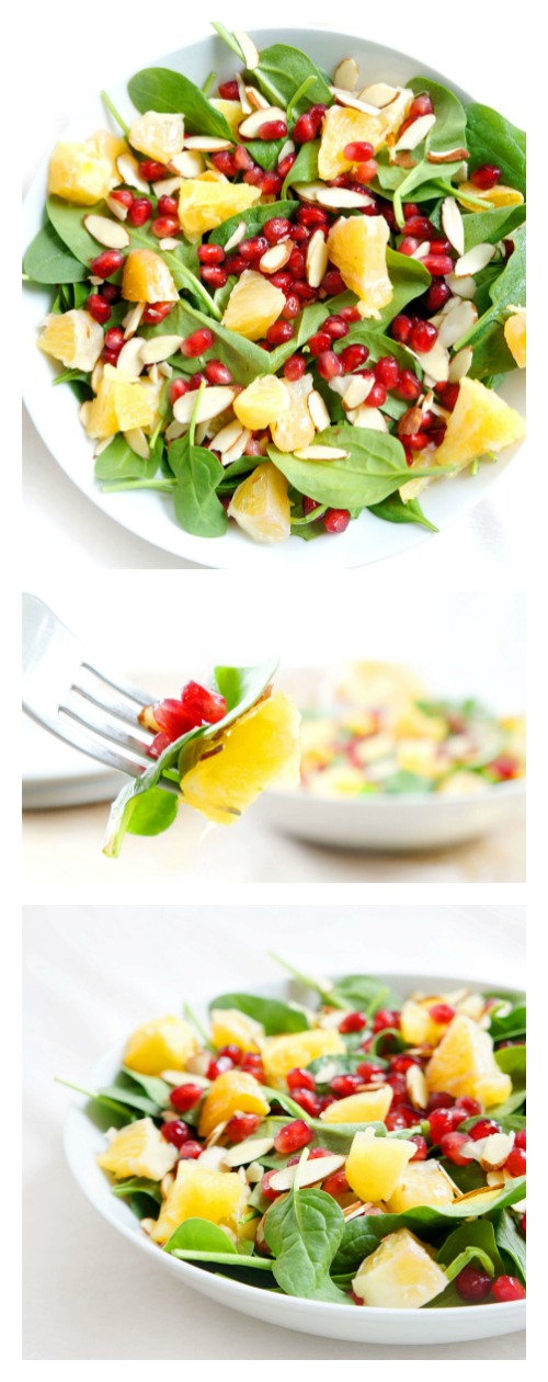Different views of Spinach, Orange & Pomegranate Salad