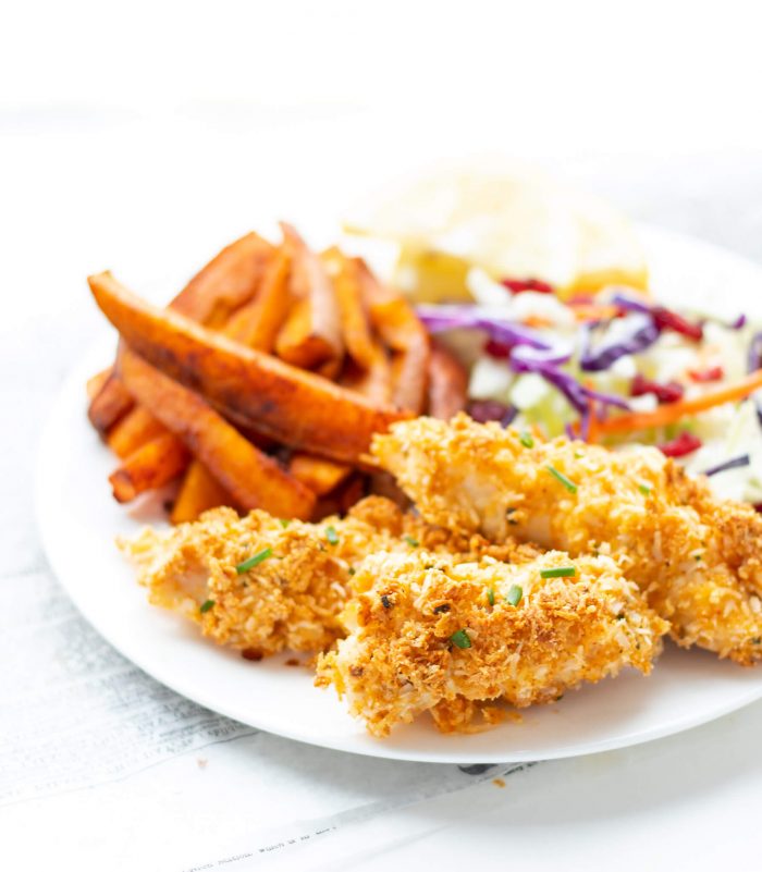 Plate of Almond Coconut Crusted Fish Sticks with sides