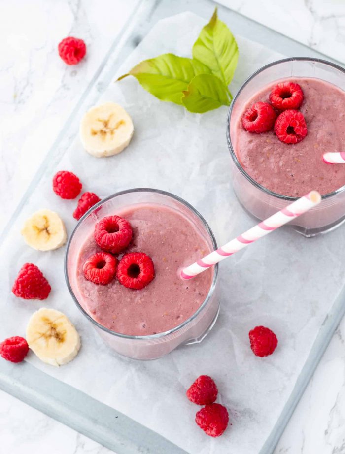 top shot of raspberry smoothie with banana