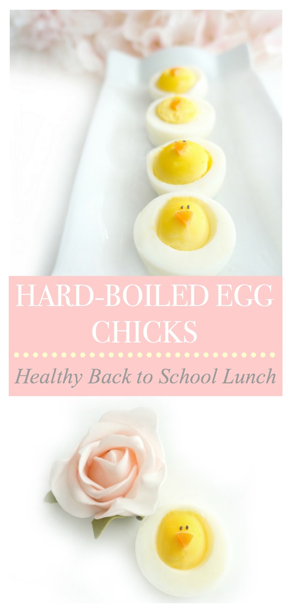 Collage with text: Hard-Boiled Egg Chicks, Healthy back to school lunch