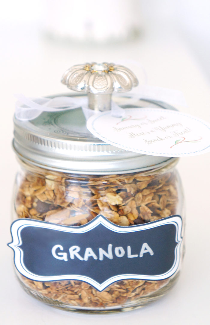 Mason jar labeled \"Granola\" and filled with granola