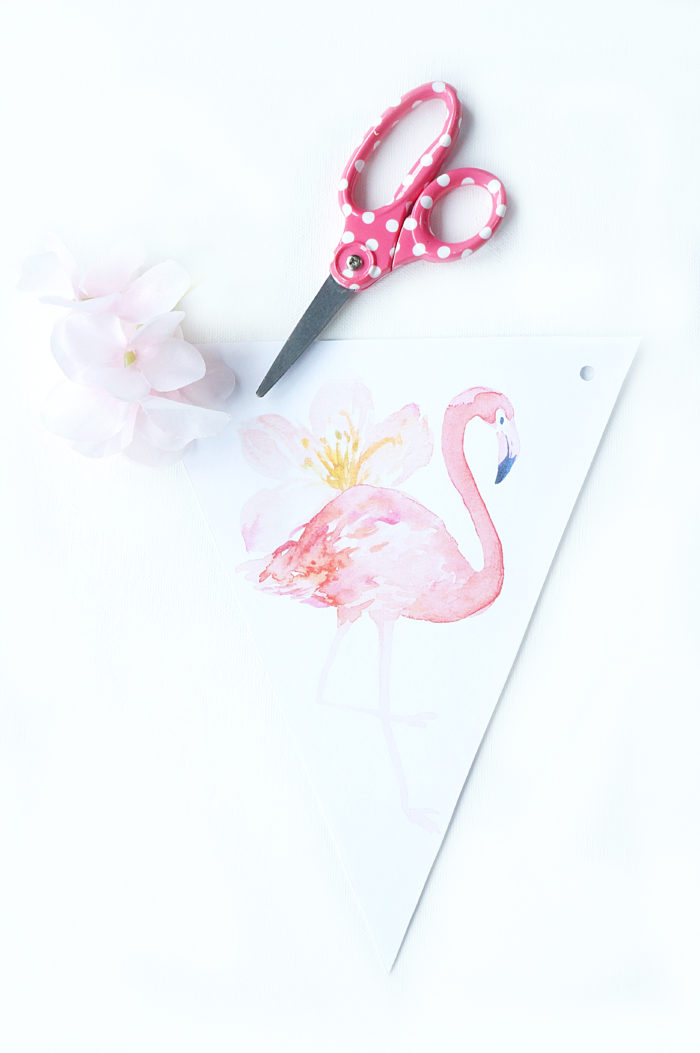 Flamingo paper, scissors, and light pink flowers