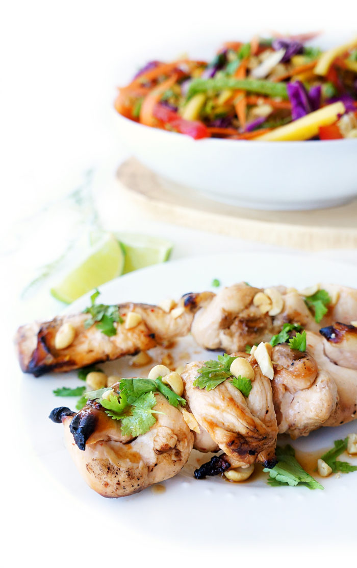 Asian Chicken Skewers in front of a bowl of rainbow salad