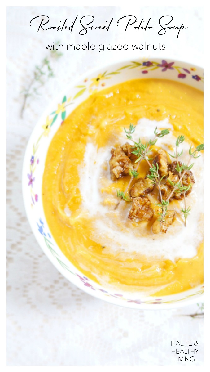 Overhead shot of a bowl of Roasted Sweet Potato Soup with Maple Glazed Walnuts