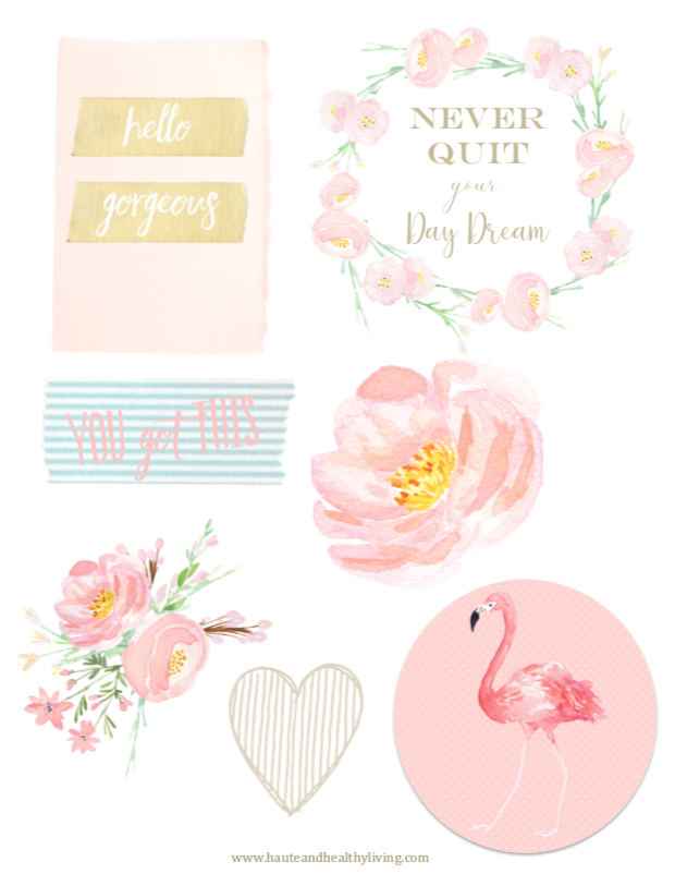 Collage of pastel printable decorations including a flamingo, flowers, and text reading \"hello gorgeous,\" \"NEVER QUIT your Day Dream,\" and \"YOU got THIS.\"