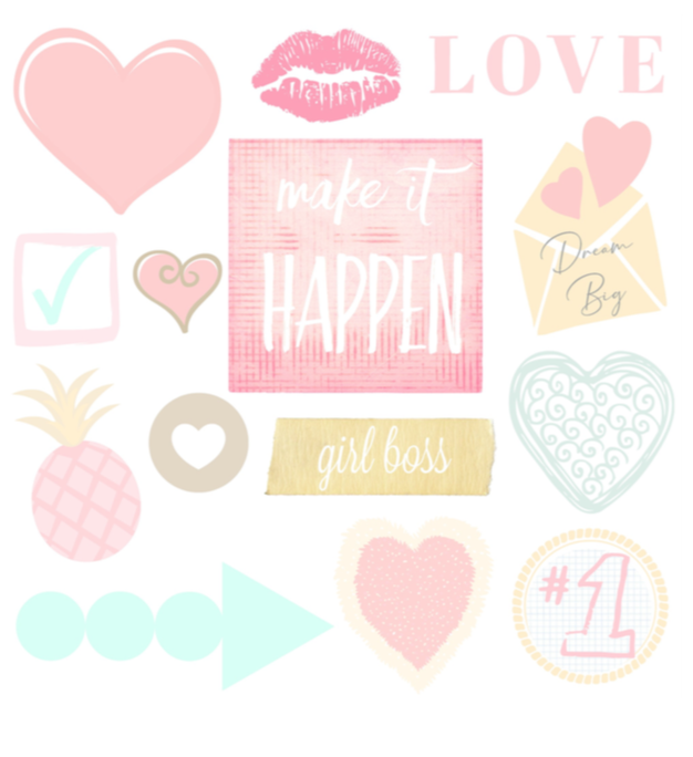 Collage of pastel printable decorations including hearts, lips, and text reading \"make it HAPPEN,\" \"girl boss,\" and \"Dream Big.\"