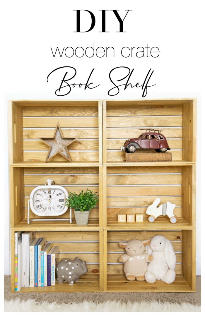 Six-part wooden crate shelf with text: DIY Wooden Crate Book Shelf