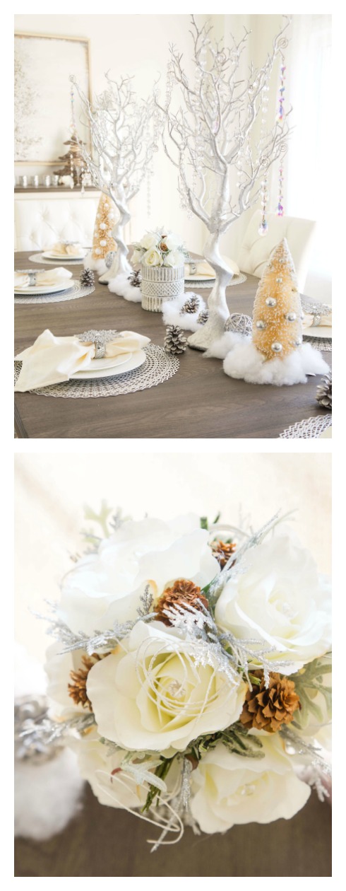 Collage of white and silver Christmas decorations on a table