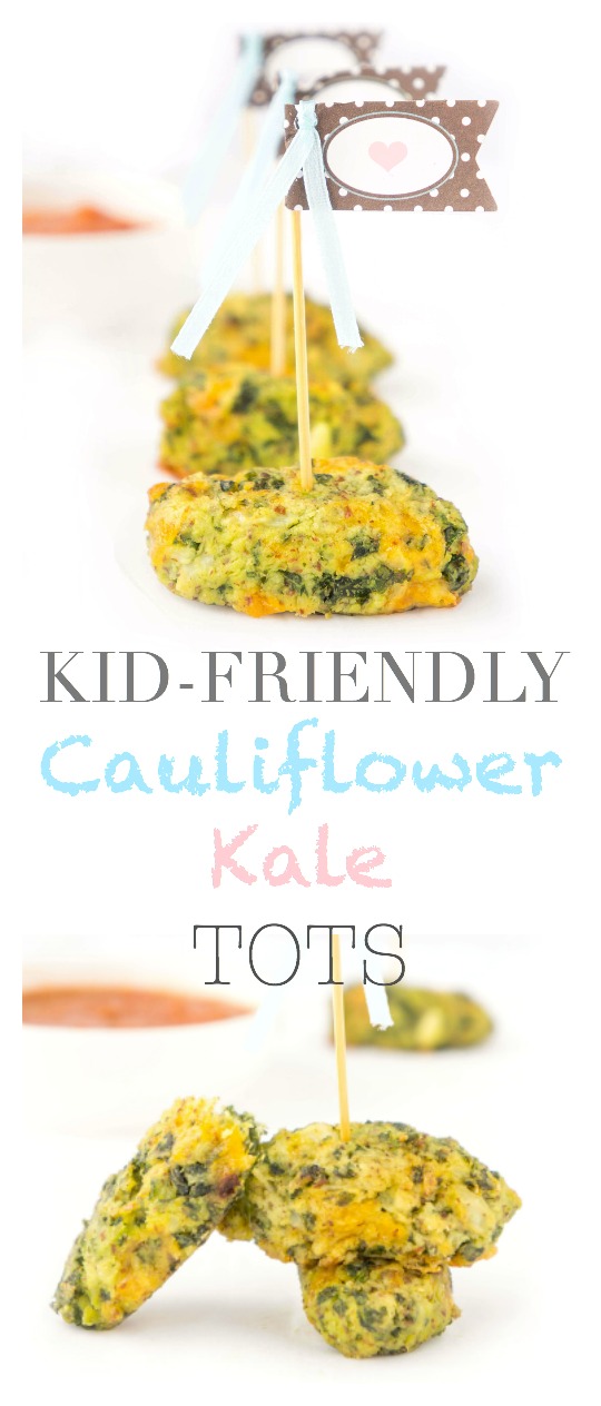 Collage of Cauliflower Kale Tots with text: Kid-Friendly Cauliflower Kale Tots