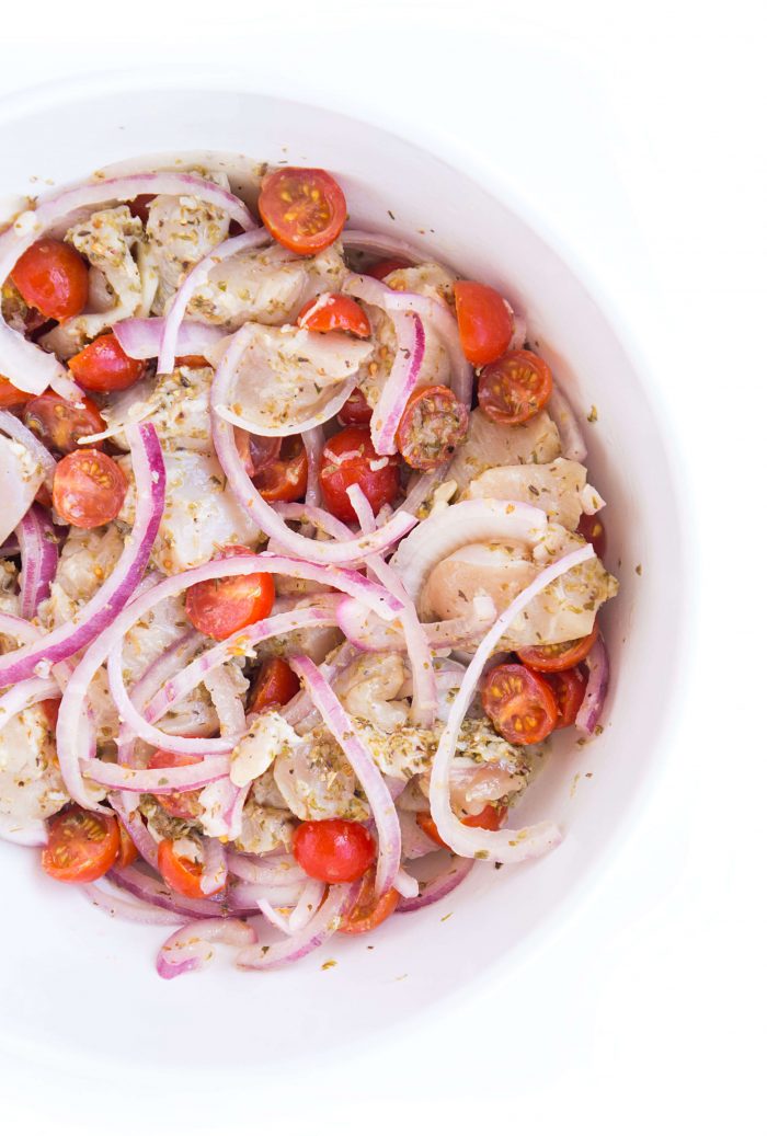 Bowl of seasoned chicken, onions, and tomatoes