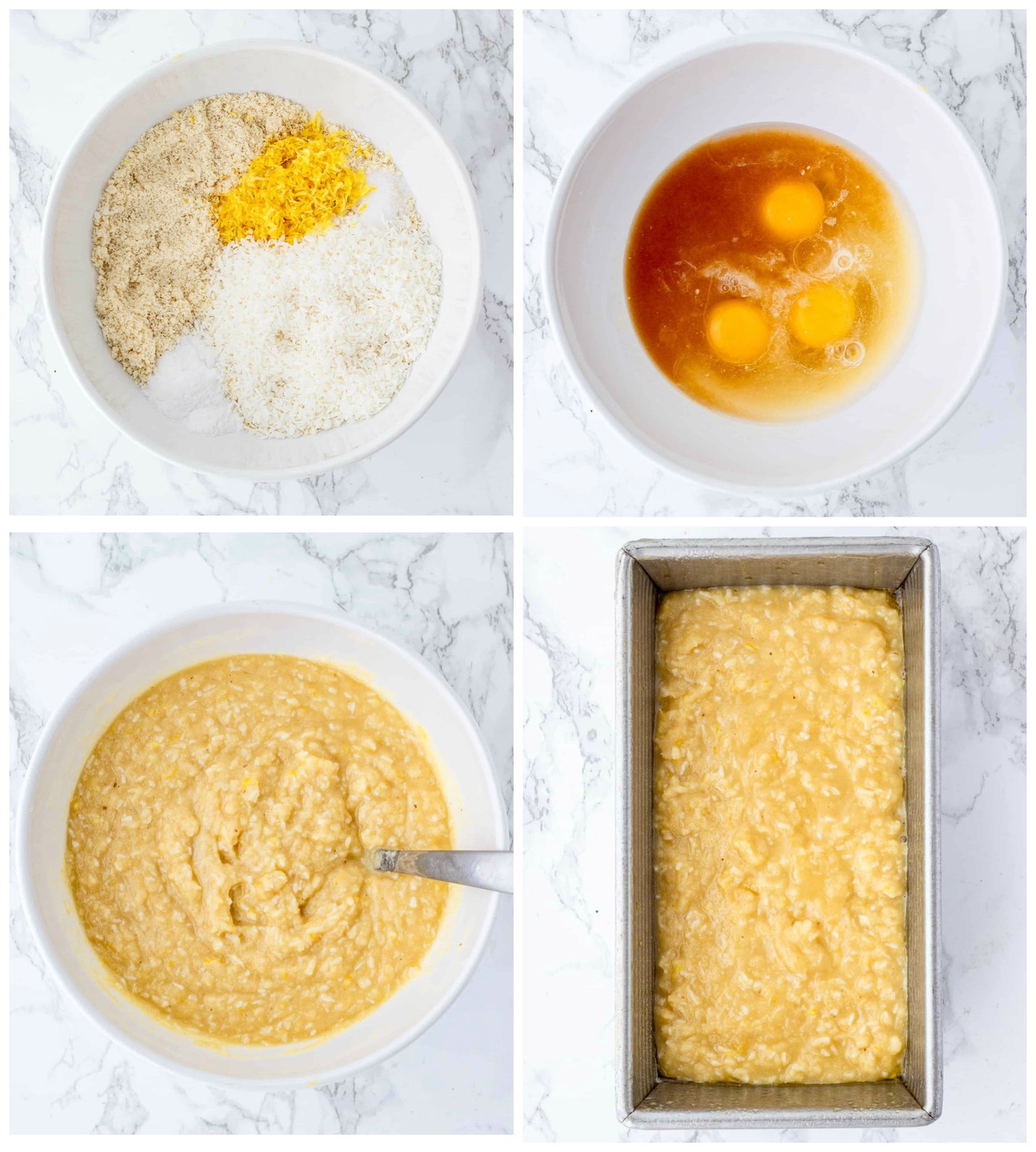 Collage of step by step photos to make lemon loaf