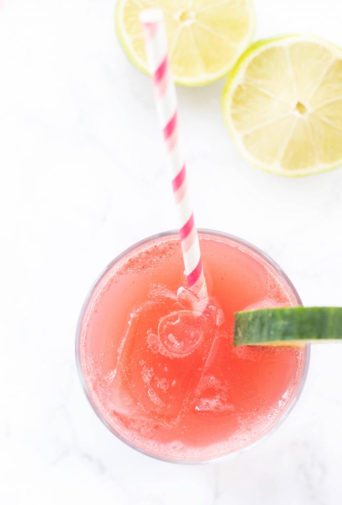 Overhead shot of Watermelon Cucumber Spritzer with a straw