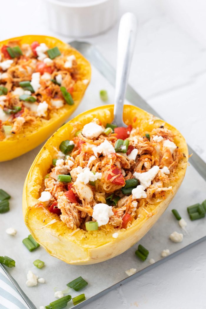 Buffalo Chicken Stuffed Spaghetti Squash with a fork sticking out