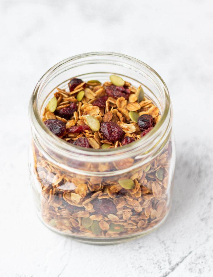 Side view of a jar of granola