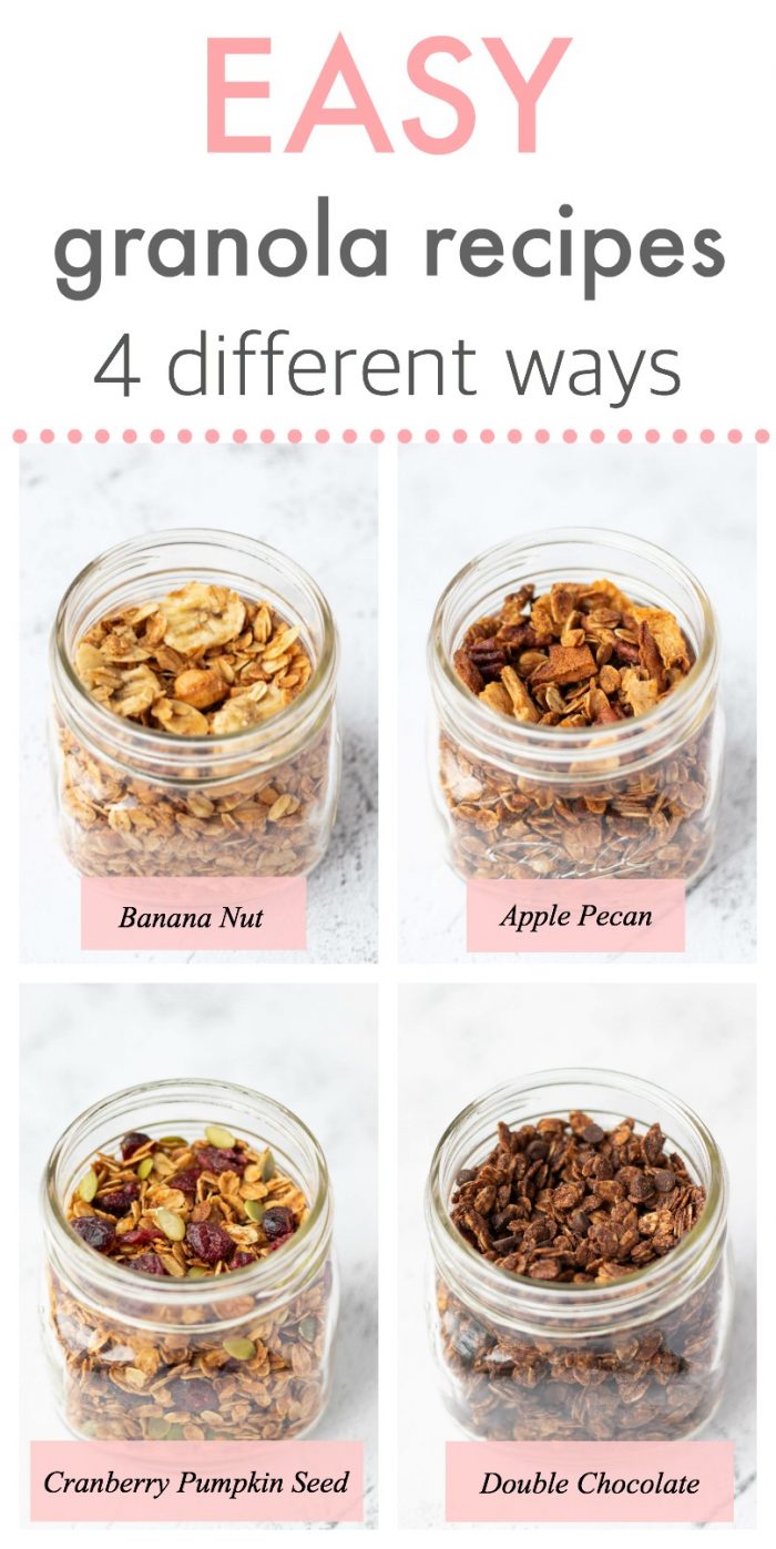 Collage with text: Easy granola recipe four different ways