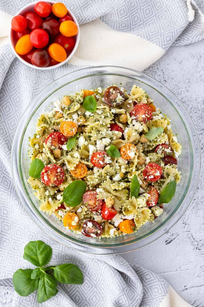 Healthy pasta salad in a glass bowl