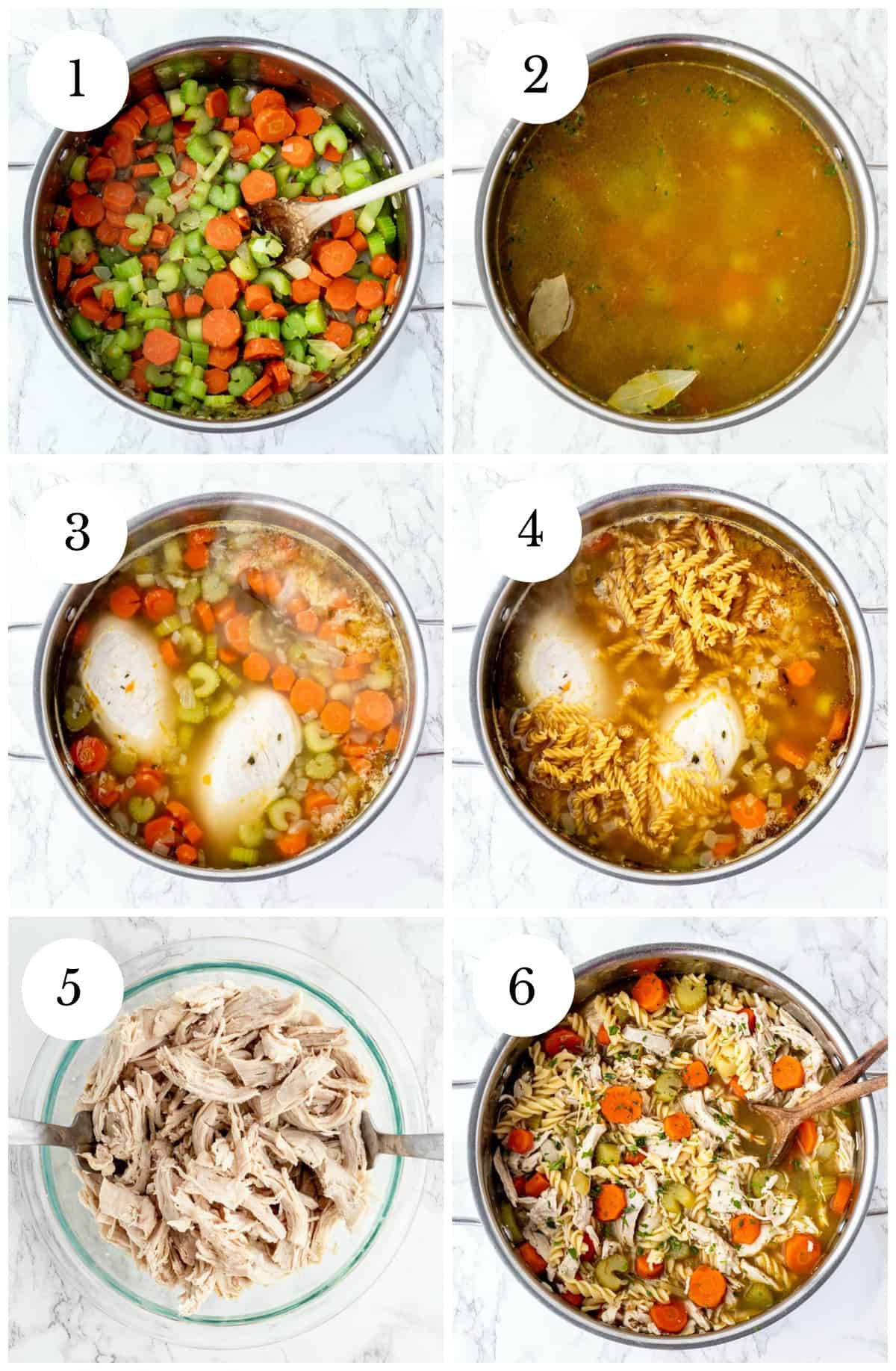 Step by step photos for making homemade chicken noodle soup.
