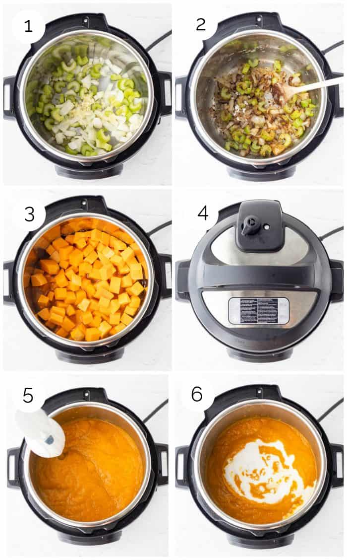Six step by step photos to show how to make Instant Pot butternut squash soup.