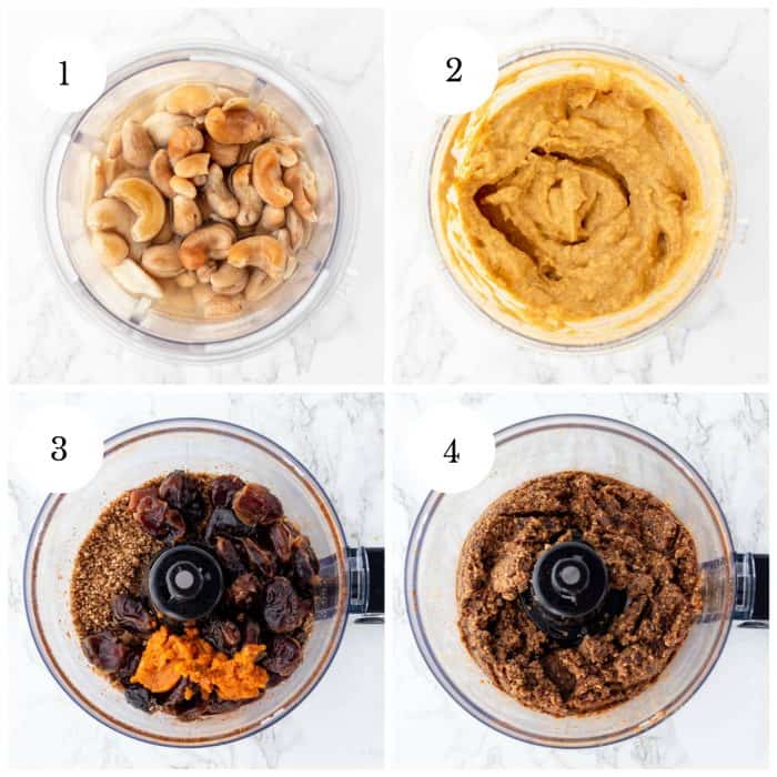step by step collage for making vegan pumpkin cheesecake bites