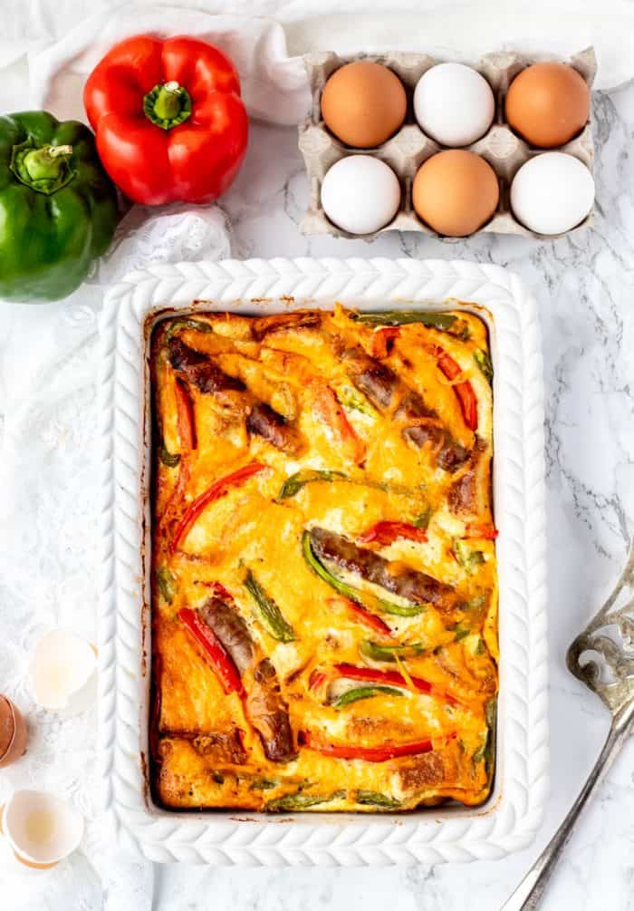 The baked casserole in a white baking dish.