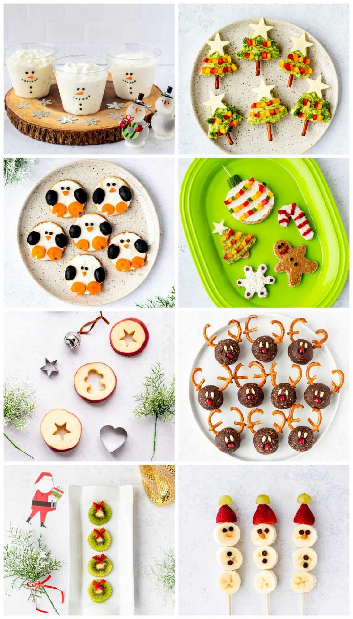 Collage of healthy Christmas snacks for kids.