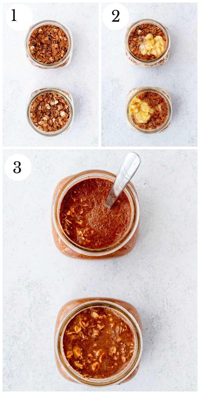Step by step collage showing how to make overnight oats