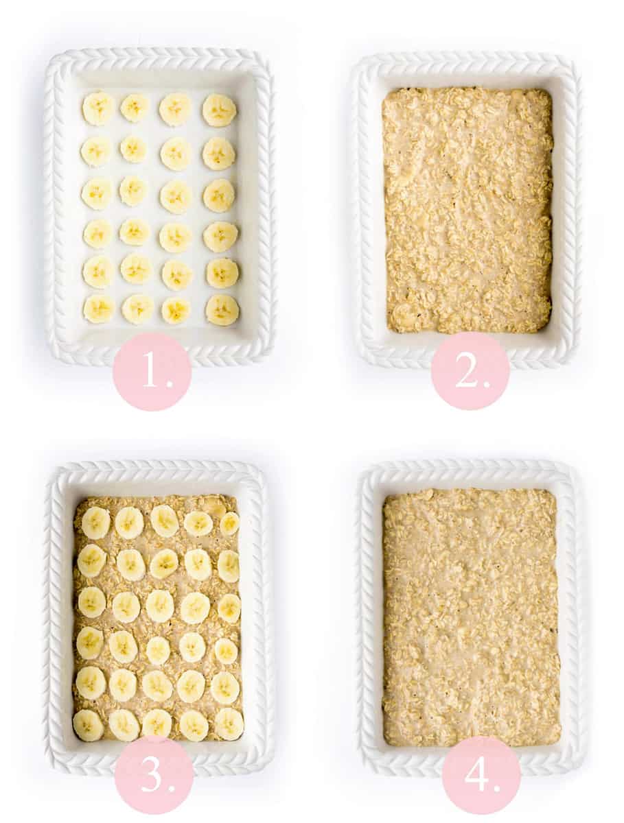 step by step collage showing how to make banana baked oatmeal
