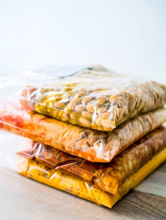 stack of freezer meals in ziploc bags