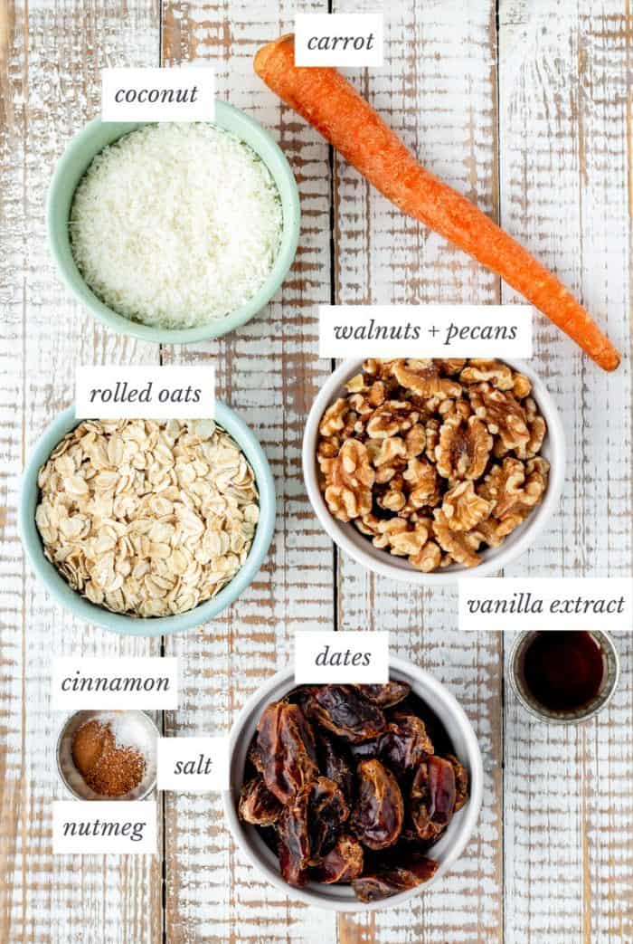 Ingredients to make the raw carrot cake energy balls including oats, carrot, nuts, and dates