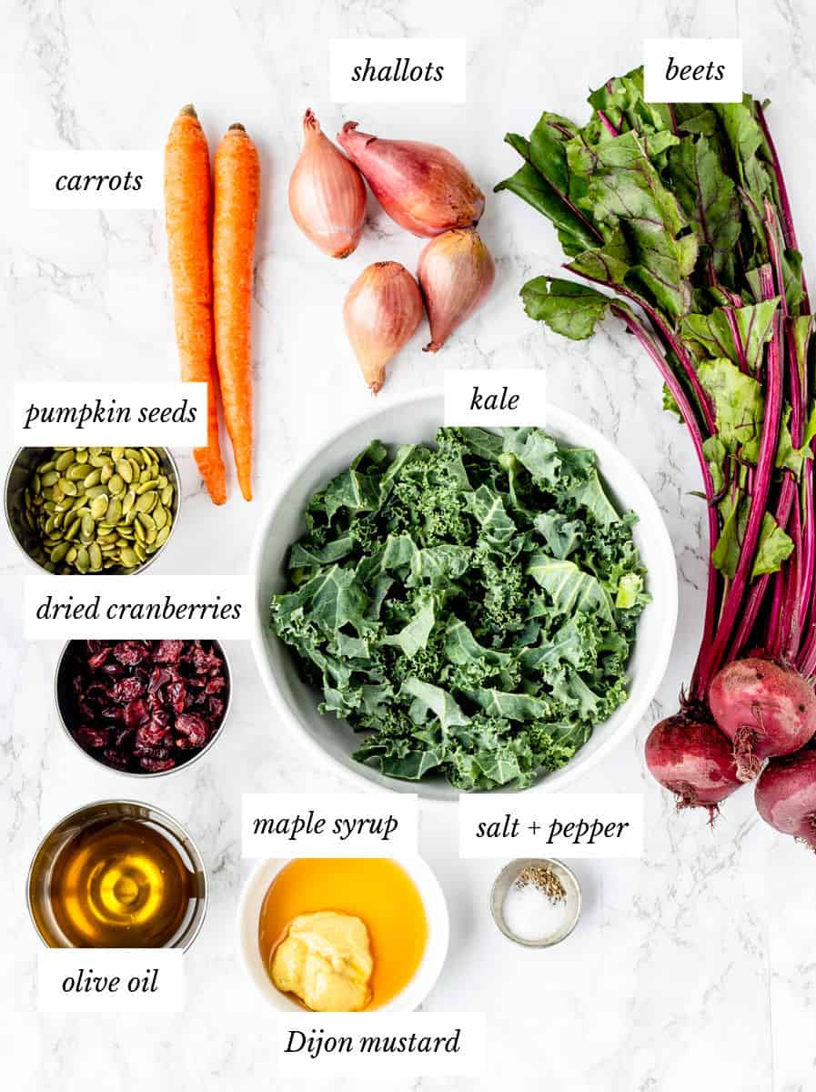 Ingredients to make the roasted beet and carrot salad recipe.