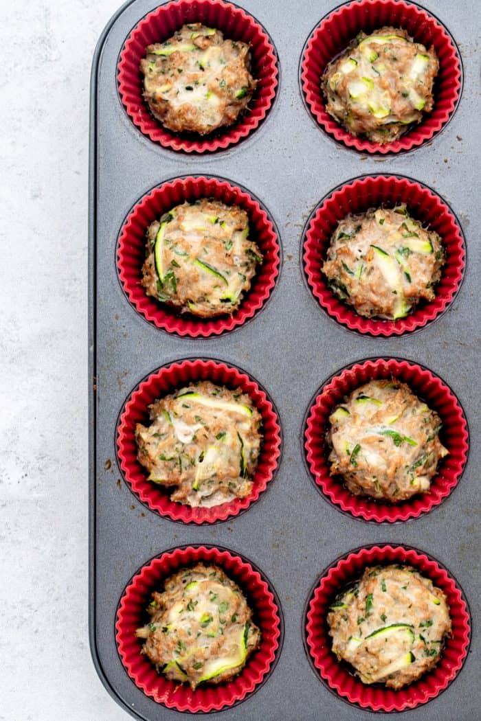 Baked chicken zucchini poppers in muffin cups.