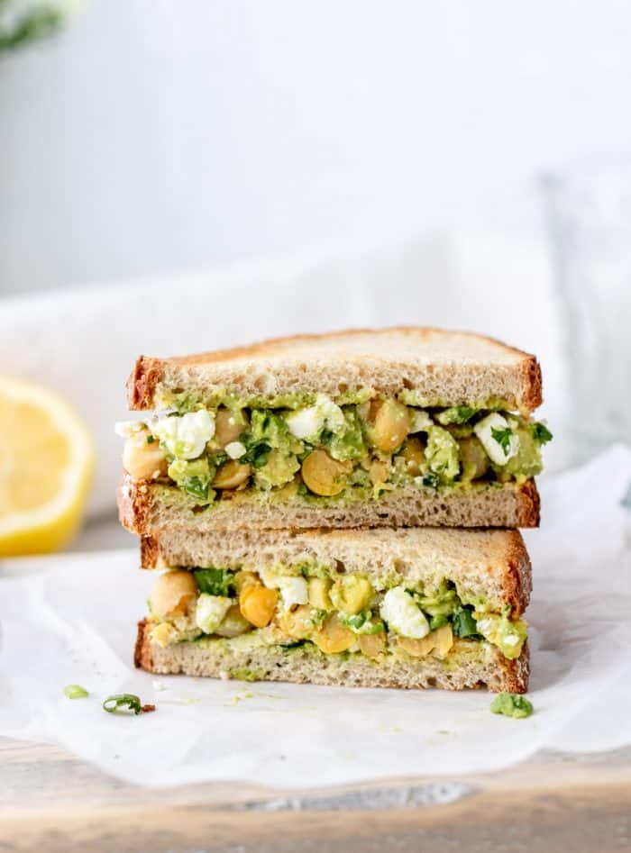 Chickpea and feta salad in between two slices of bread.