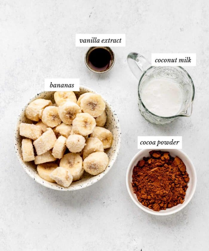 Ingredients to make the chocolate banana ice cream recipe.