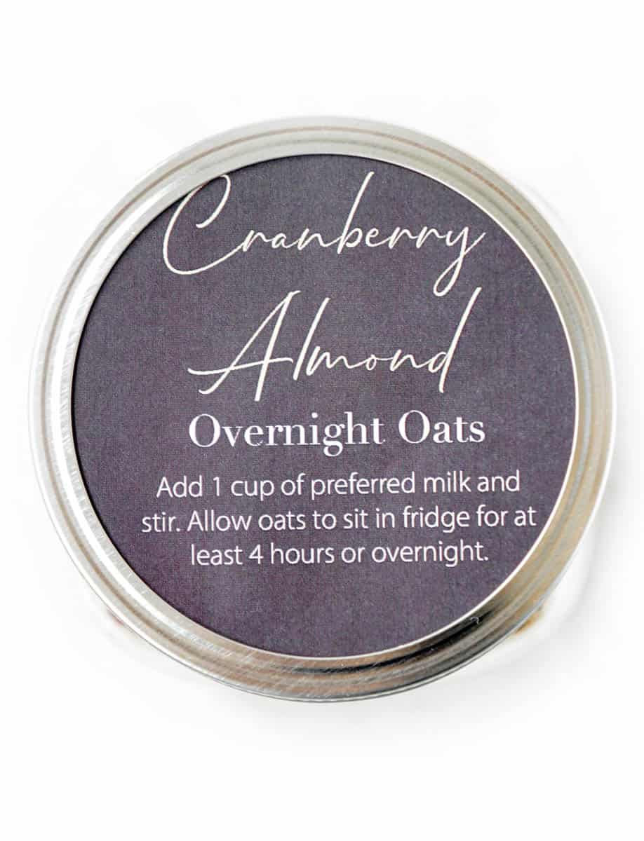 Overhead shot of chalkboard label that says "cranberry almond overnight oats."