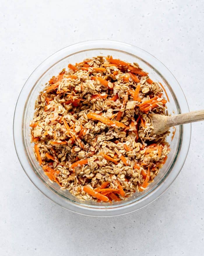 Mixed ingredients for healthy carrot cake baked oatmeal.