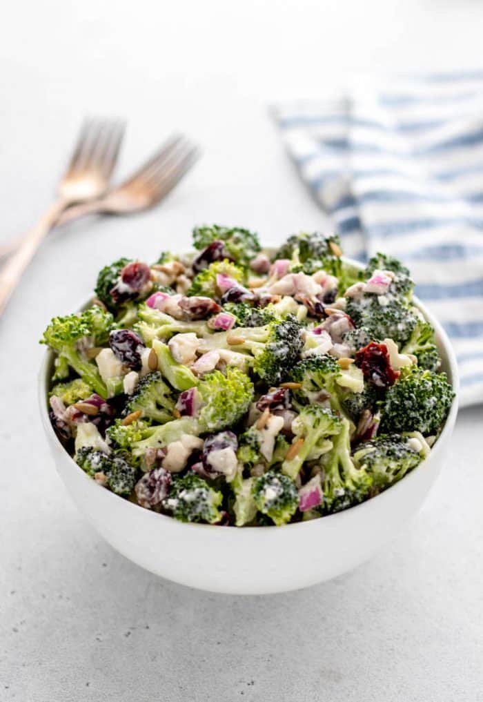 A bowl of healthy broccoli salad.