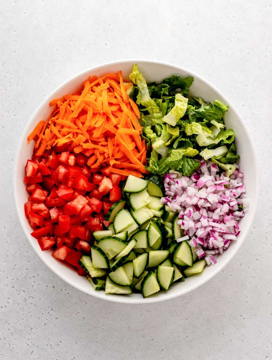 Chopped salad ingredients in a bowl.