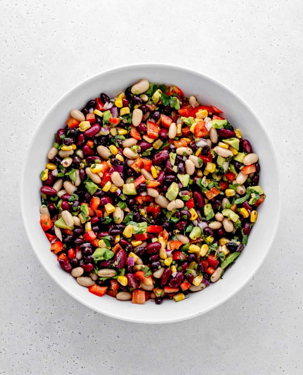 The 3 bean salad mixed together in a bowl.