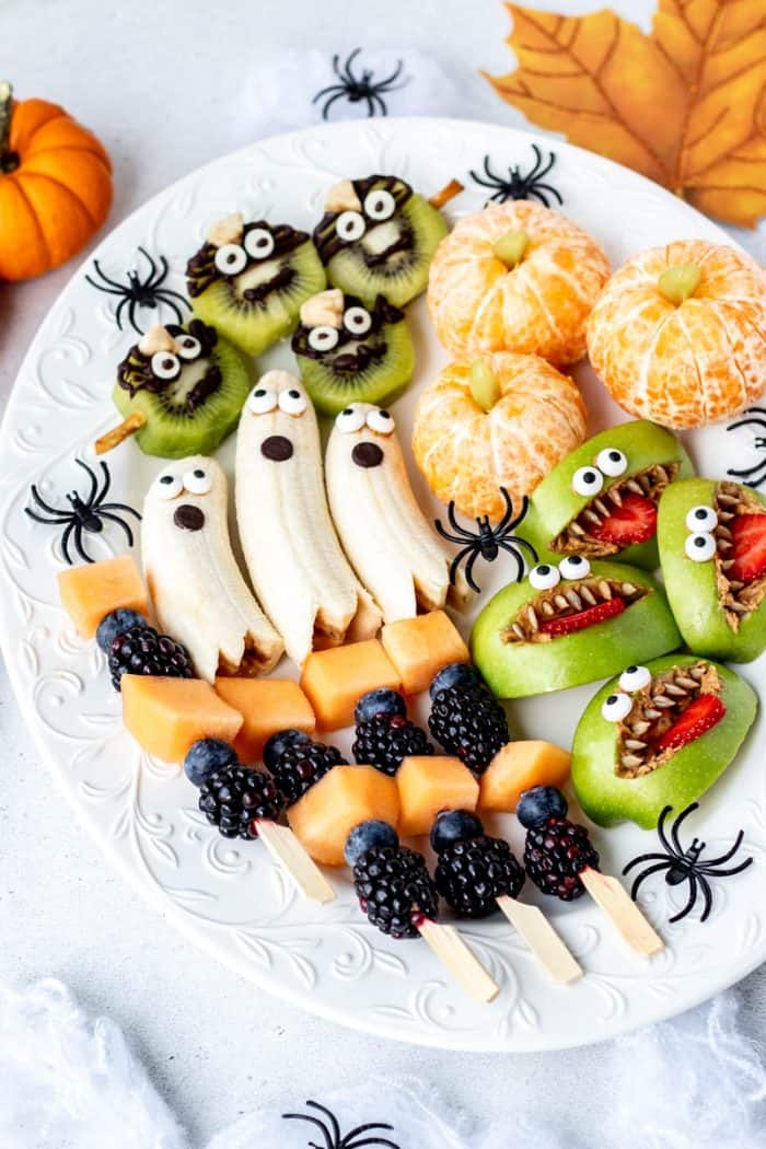 Image of Halloween fruit tray on an angle.