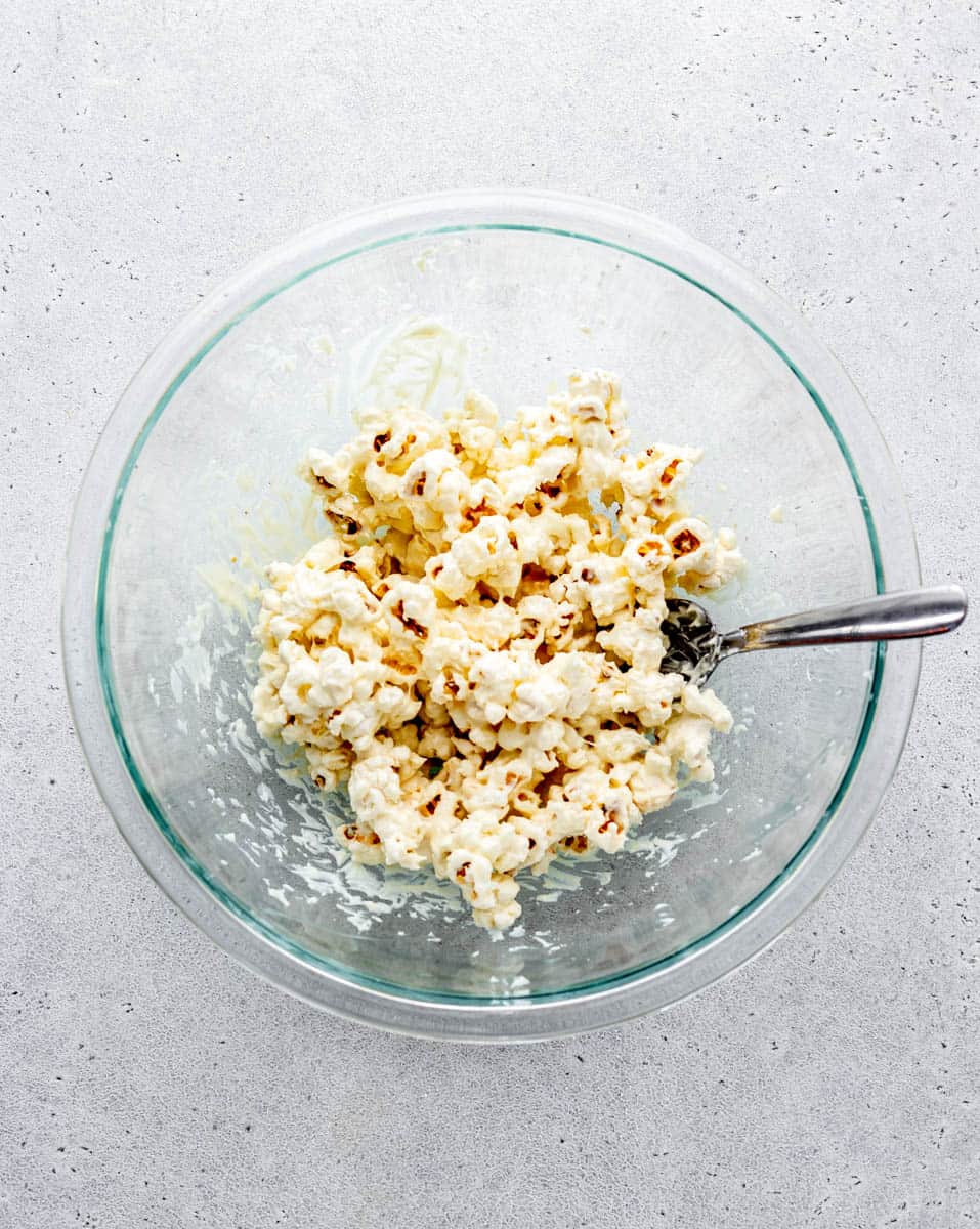 Popped popcorn tossed with white chocolate.