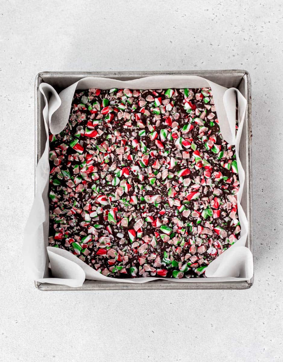 3 ingredient Christmas fudge topped with crushed candy canes.