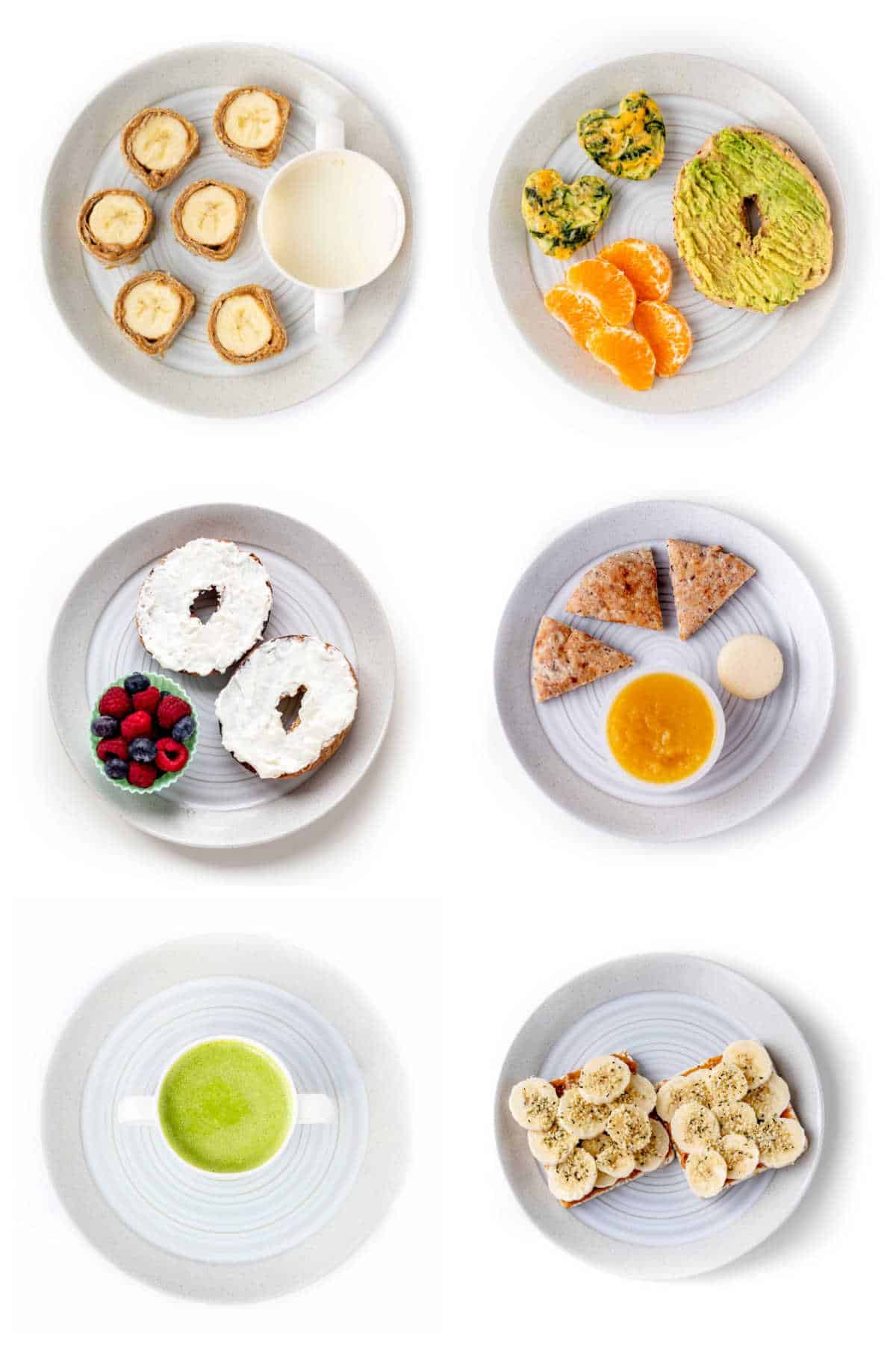 Collage of six healthy breakfast ideas for kids.