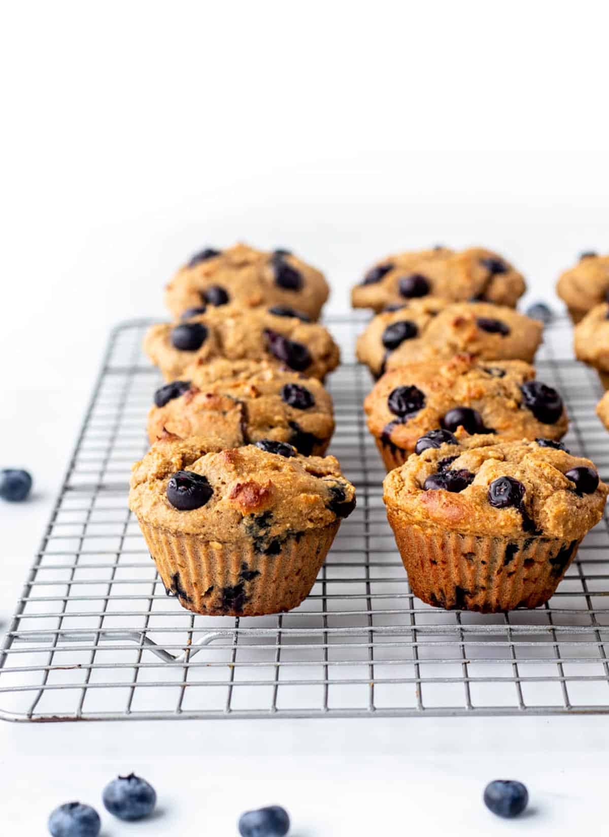Blueberry protein muffins lined up on a cooling wire rack.
