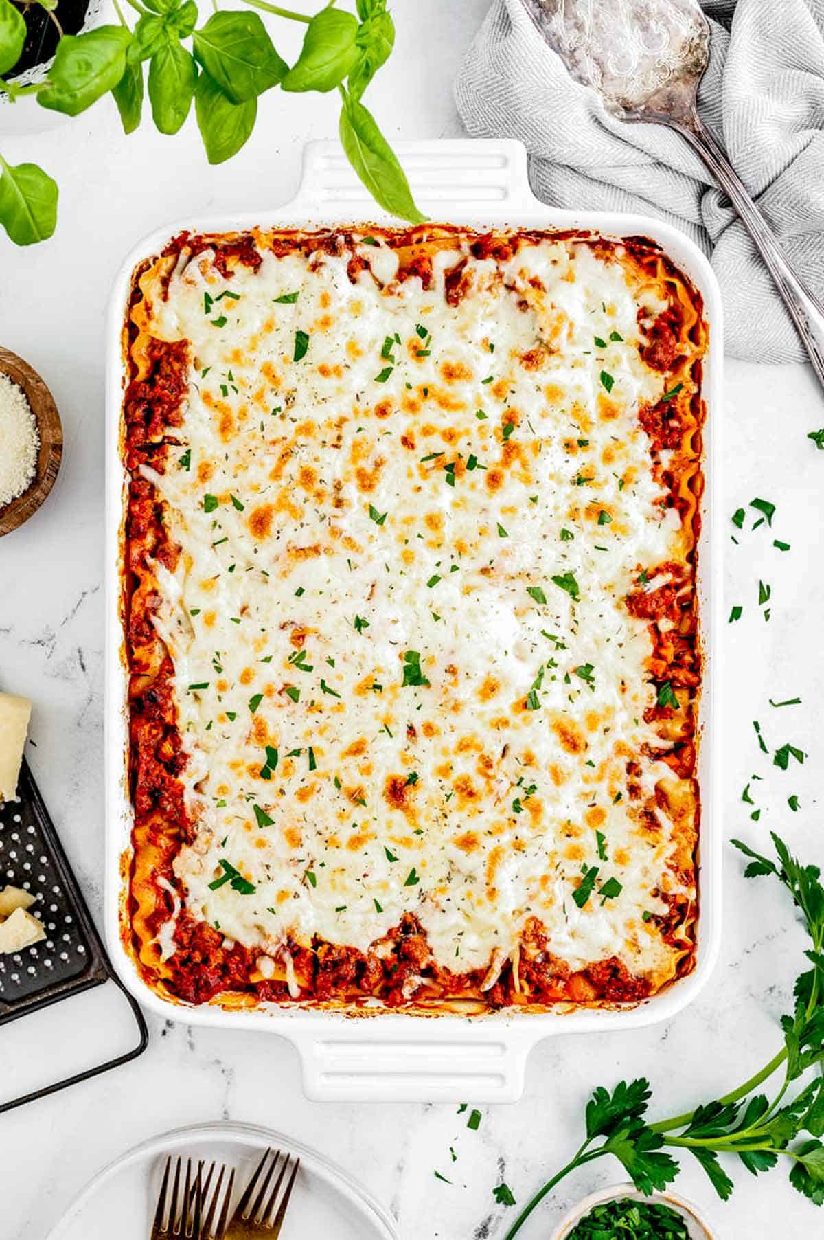 The baked lasagna recipe with bechamel in a casserole dish.