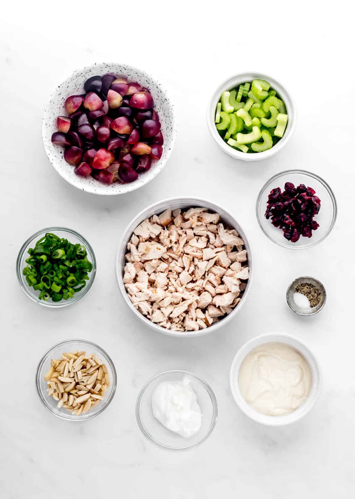 Ingredients to make chicken salad with grapes and almonds recipe.